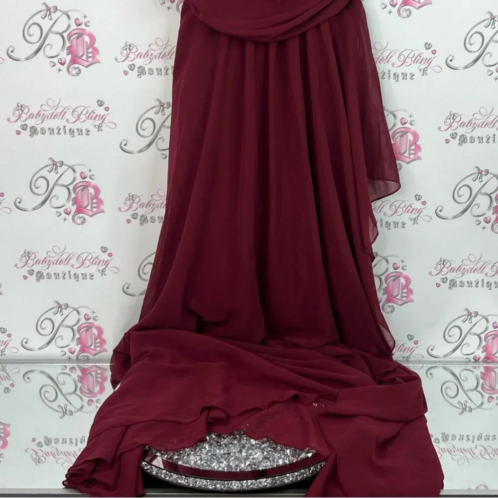 Qq fashion dress ruffle detail wine red Burgundy Evening Gown